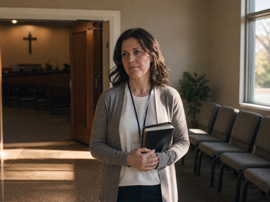 A woman alone in a church foyer after service holding a Bible and volunteer lanyard as afternoon light crosses empty chairs