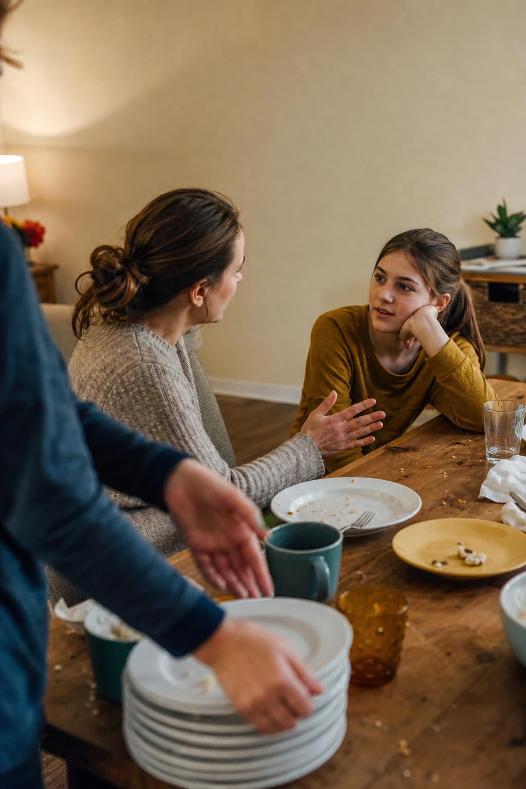 A parent and older child continue a quiet conversation while family hands clear plates from a lived-in dinner table