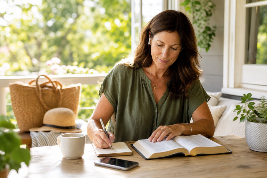 A woman listening to a Bible resource while reading and journaling on a sunlit summer porch
